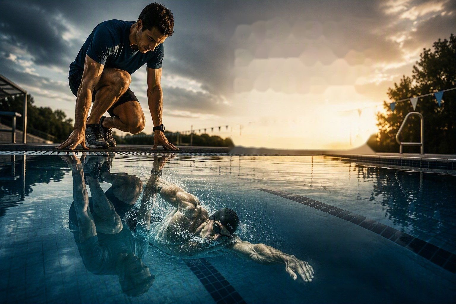 A runner crouches at the edge of an outdoor pool at sunset; his reflection in the water is a swimmer doing front crawl.